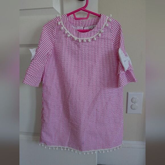 RARE EDITIONS Toddler Girls Pink & White Striped Dress with Pom Pom Trim size 5T - Picture 3 of 10